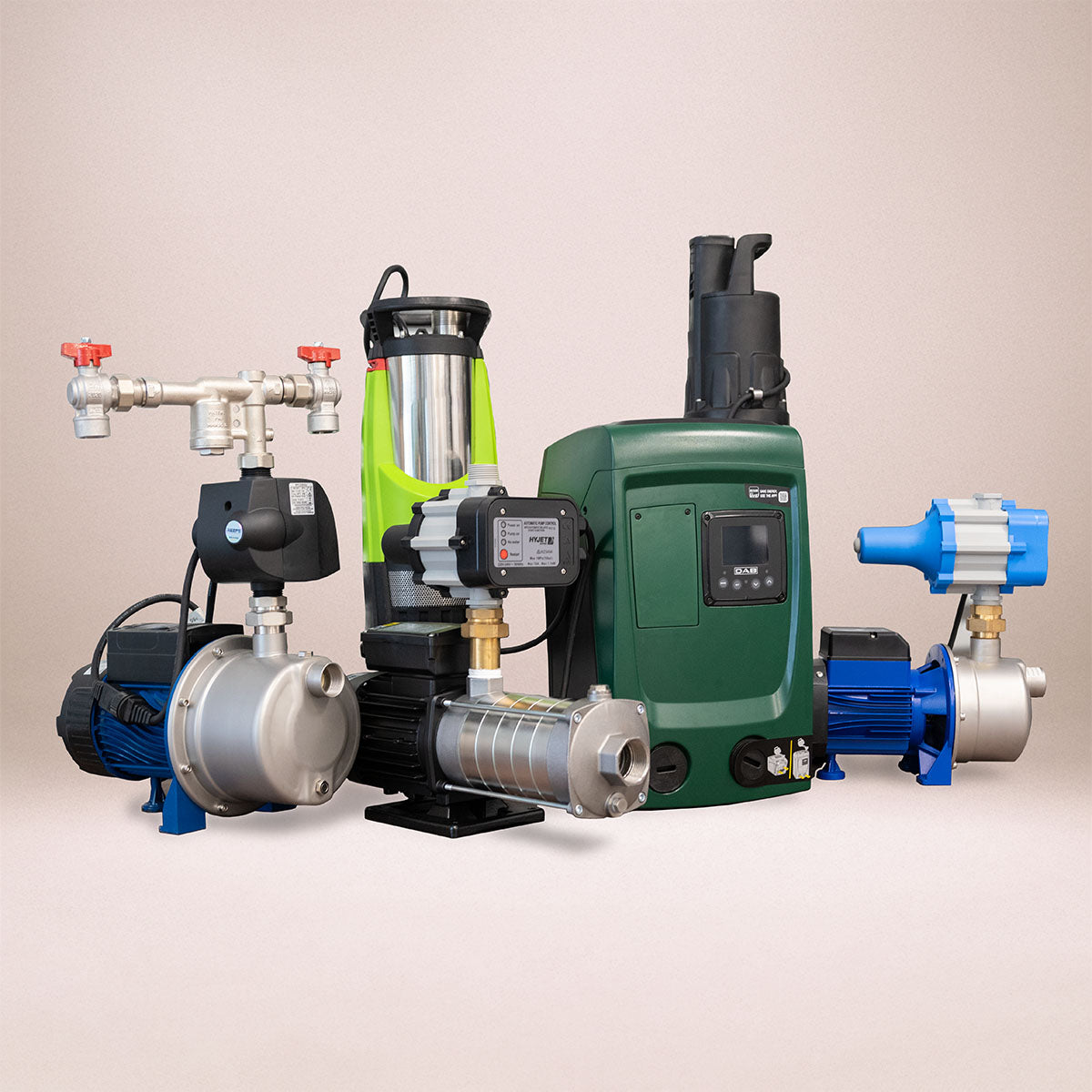 a selection of different categories of pumps in front of a studio backdrop