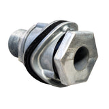 metal 25mm corrugated water tank fitting on a white background from the rear