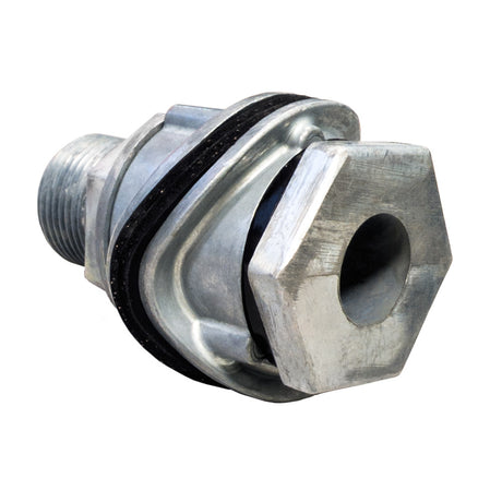 metal 25mm corrugated water tank fitting on a white background from the rear