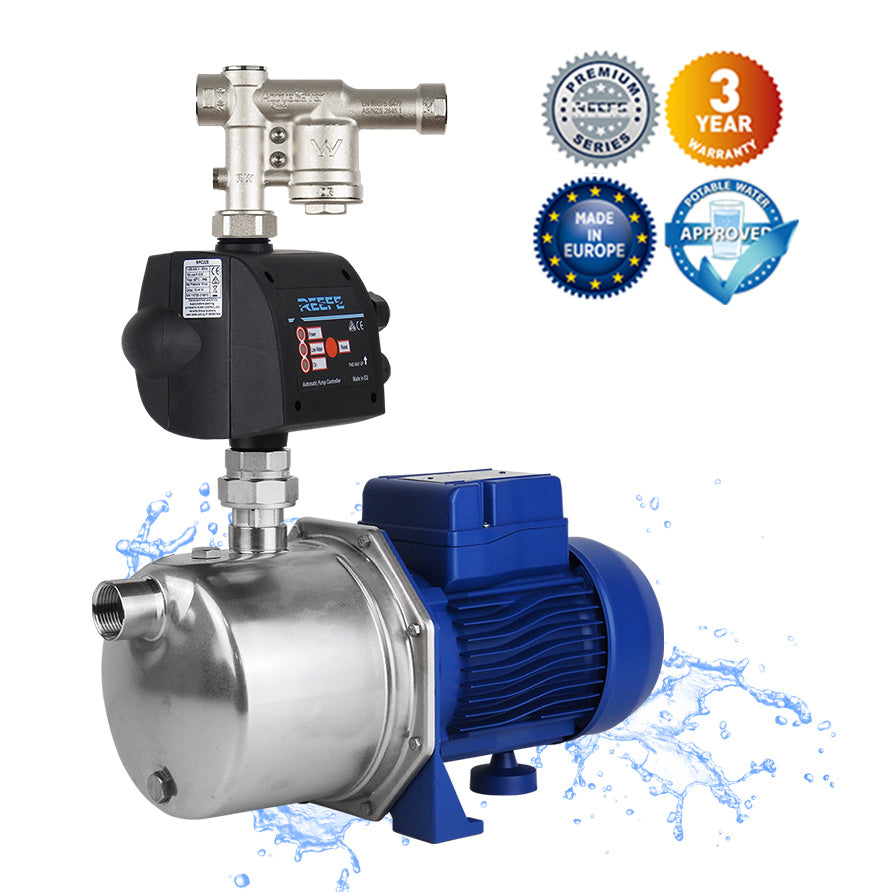 PRJ80E premium Eurpean jet pressure water pump with pressure controller and acquasaver rains to mains valve